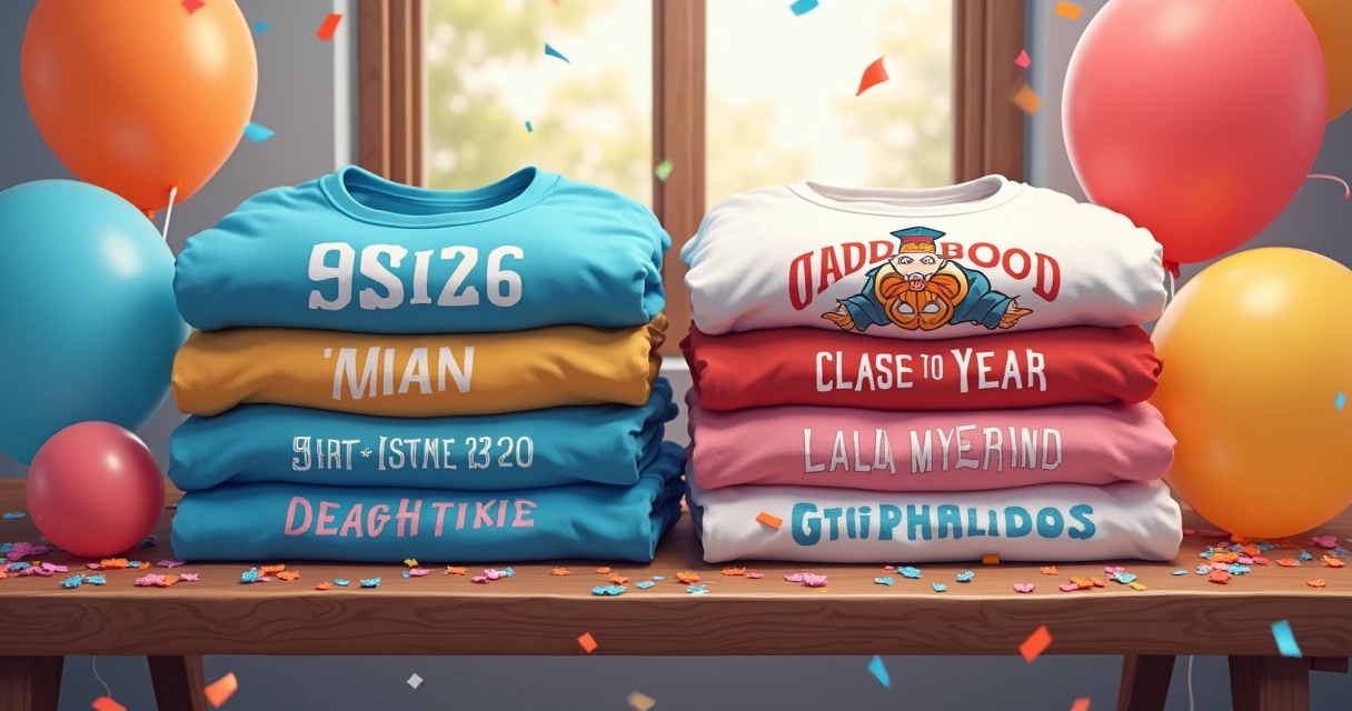 Camisetas personalizadas de festa e formatura organizadas sobre mesa