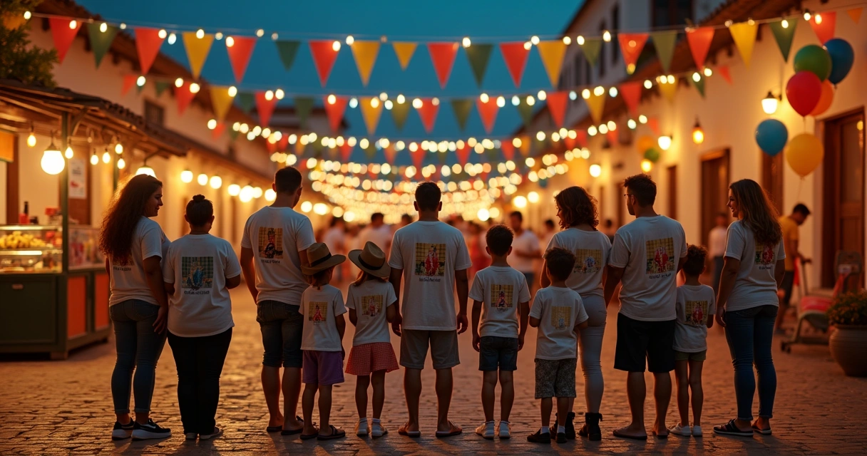 Grupo em arraial junino usando camisetas personalizadas de festa de São João 