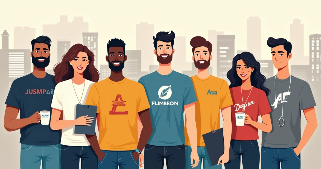 Grupo de pessoas com camisetas personalizadas em círculo