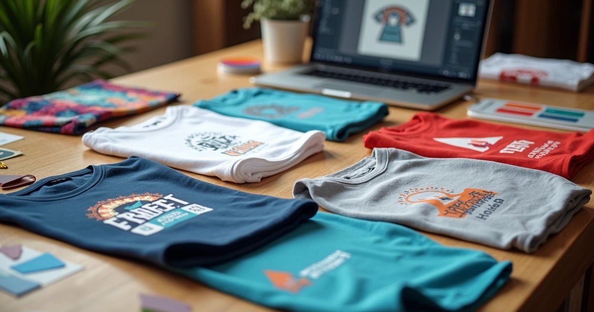 Várias camisetas personalizadas com estampas originais sobre uma mesa 