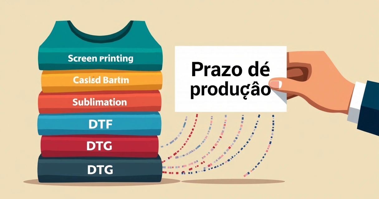 Diversas camisetas coloridas empilhadas e cartões explicando técnicas de estamparia 