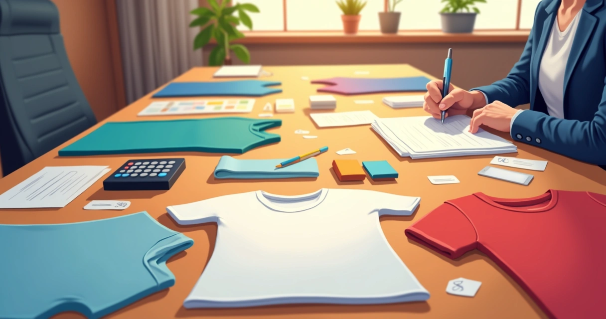 Várias camisetas personalizadas organizadas em uma bancada de madeira 