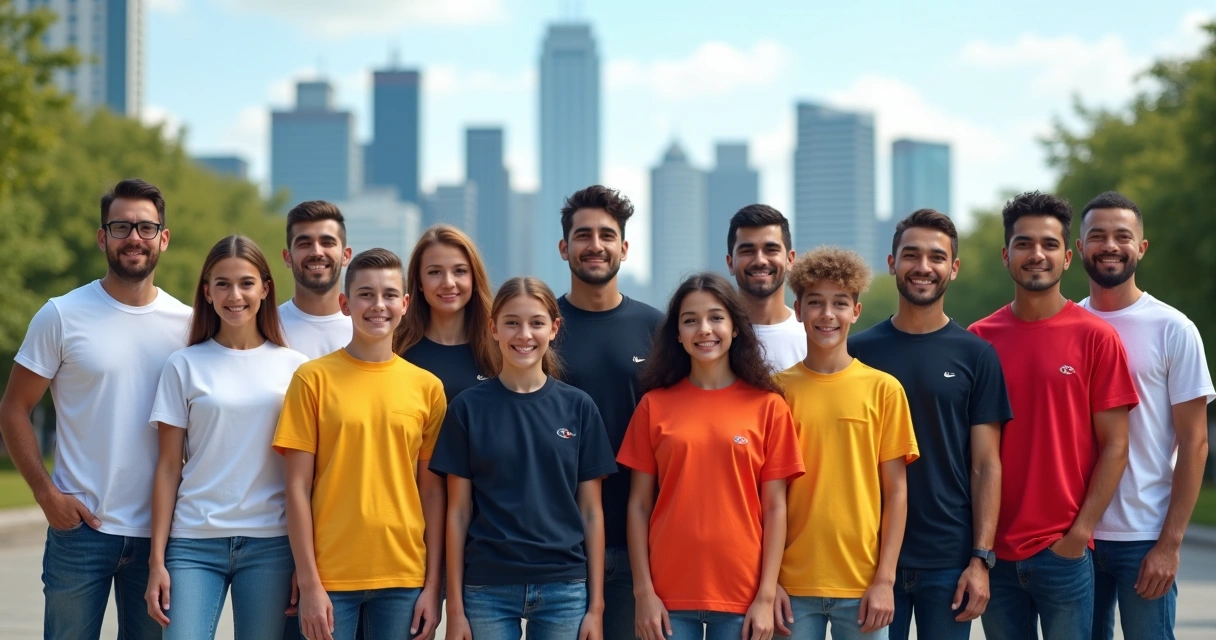 Grupo usando camisetas personalizadas em São José com diferentes cores e logos 
