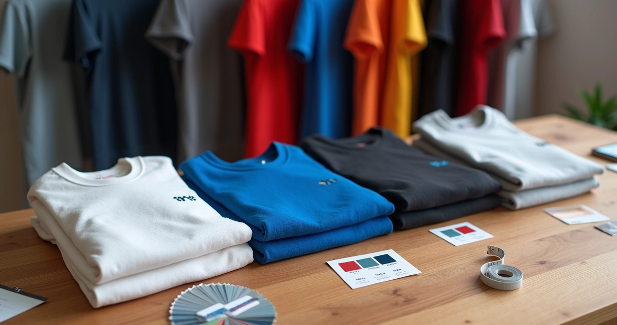 Mesa com diferentes tecidos e camisetas personalizadas em cores variadas 