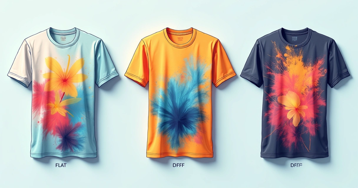 Três camisetas lado a lado ilustrando silk screen, DTF e sublimação 