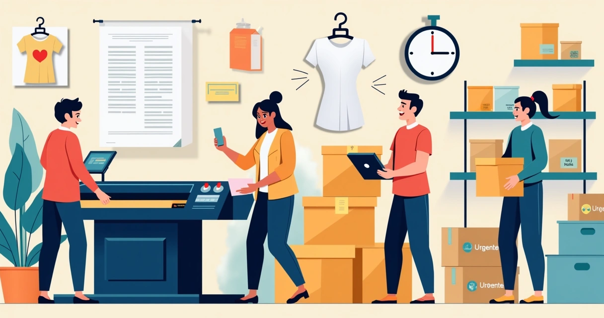 Equipe personalizando camisetas em clima de urgência na fábrica 