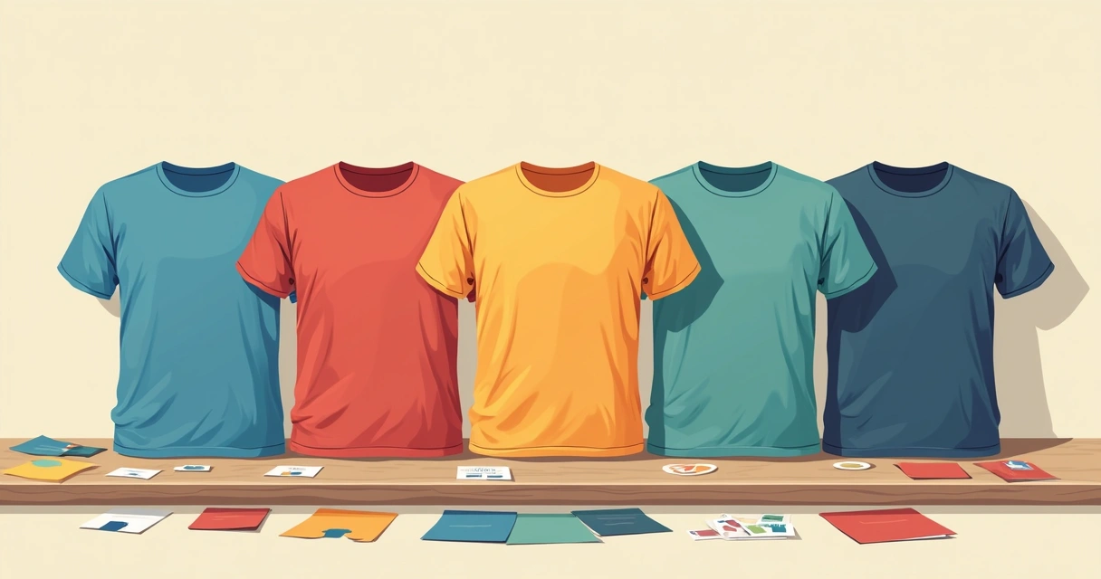 Camisetas em várias cores alinhadas em uma mesa 
