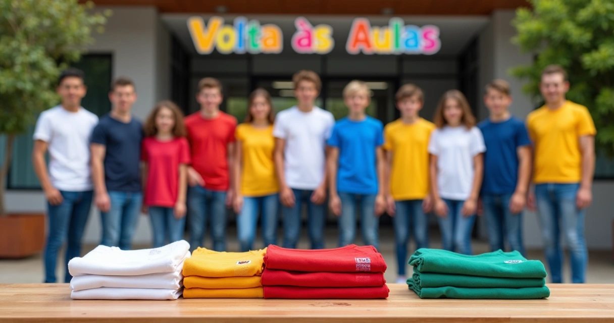 Grupo de estudantes usando camisetas personalizadas coloridas na volta às aulas 
