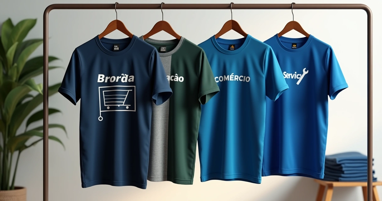 Variedade de camisetas de profissões expostas em arara colorida 