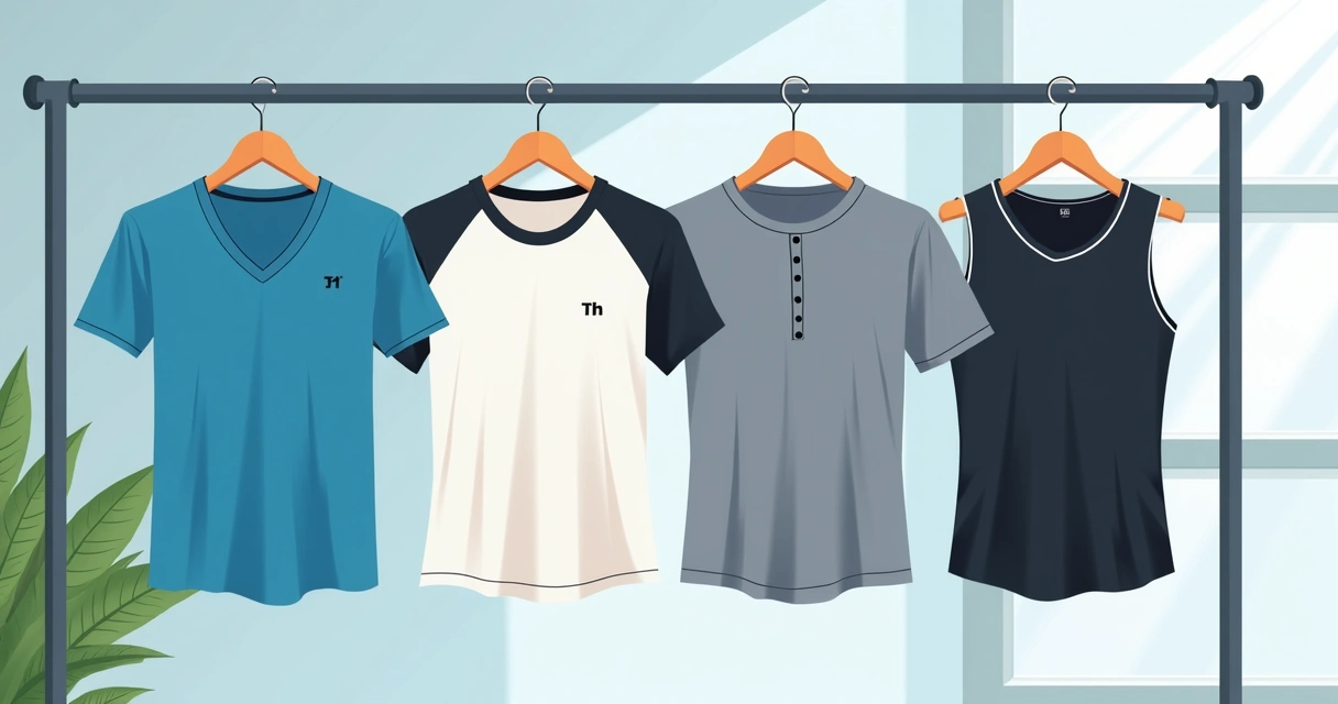 Vários modelos de camisetas masculinas com proteção UV expostas em cabideiros