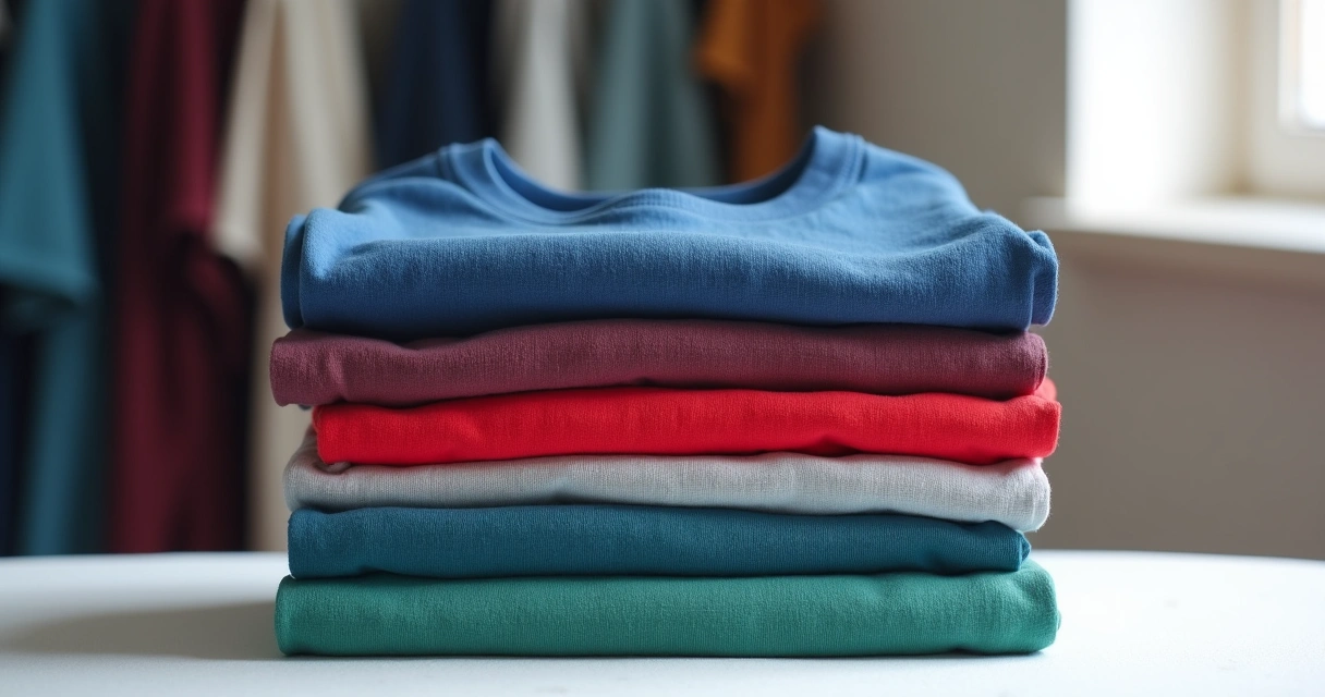 Camisetas dobradas mostrando cores vivas e tecido perfeito