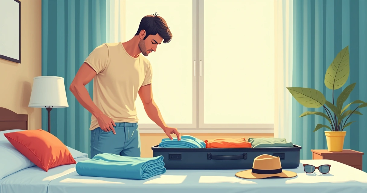 Homem arrumando itens de roupa leve, camisetas, regatas e bermudas em uma mala