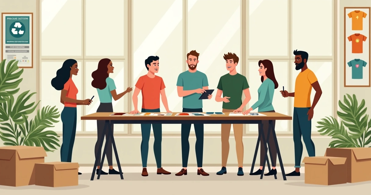 Grupo escolhendo camisetas sustentáveis personalizadas em uma mesa