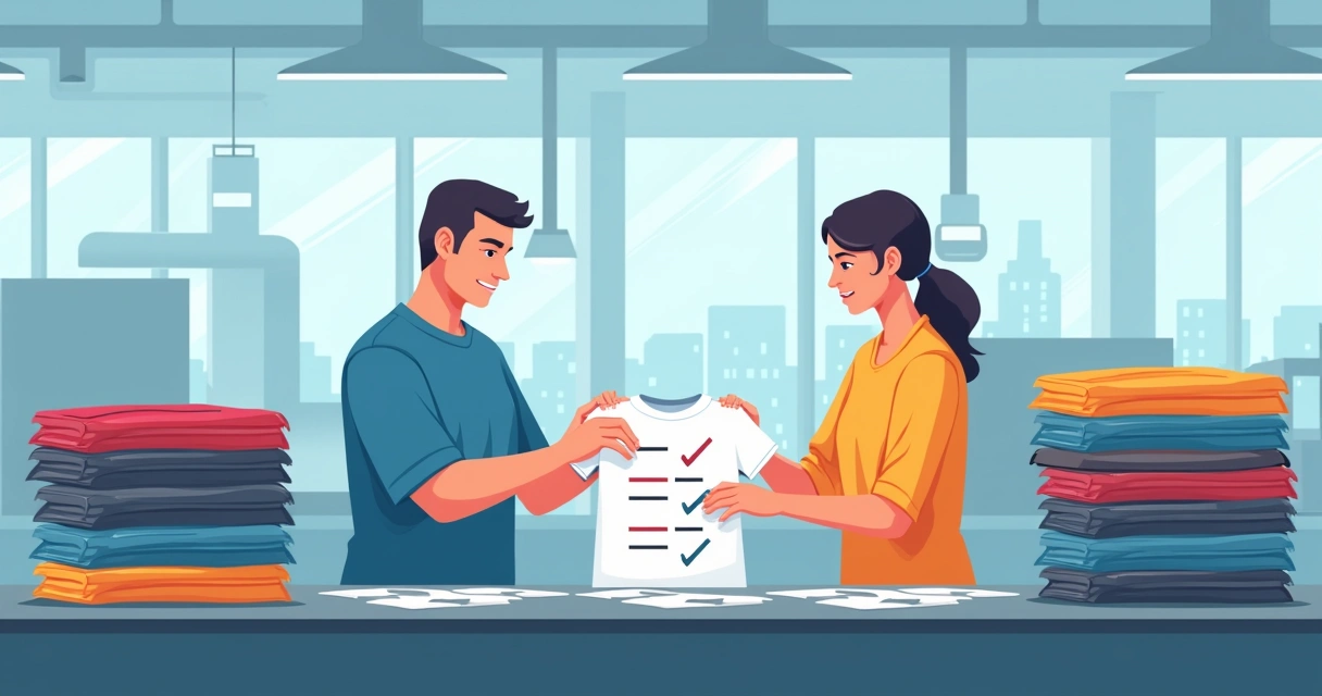 Equipe revisando camisetas personalizadas em uma linha de produção, verificando cores e tamanhos. 