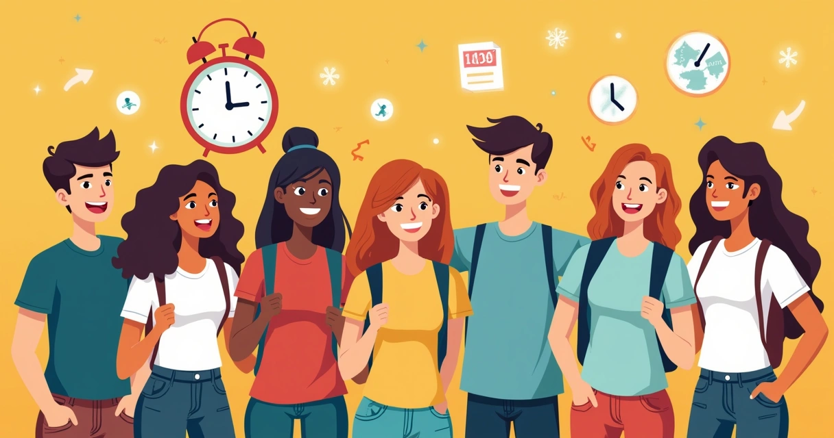 Jovens reunidos, recebendo camisetas personalizadas rapidamente, com relógios destacados ao fundo. 