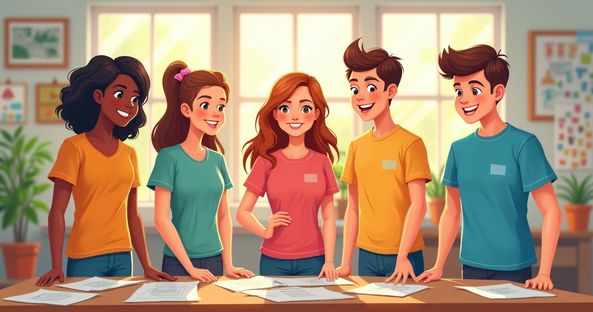 Camisetas coloridas de turma escolar alinhadas em mesa