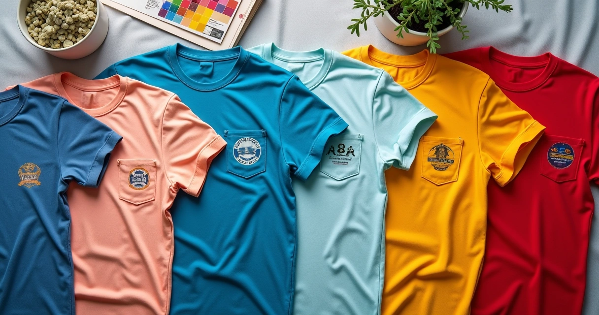 Várias camisetas de diferentes cores, com logos e estampas diversas, dispostas em uma mesa de escritório 