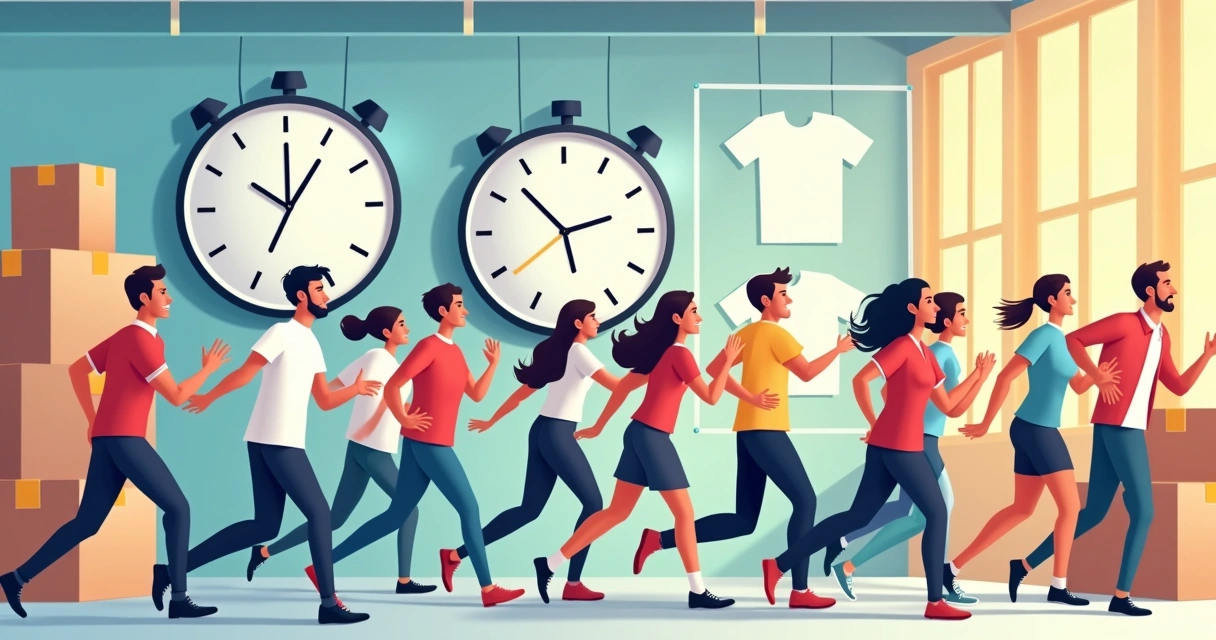 Pessoas correndo segurando camisetas personalizadas em uma sala de eventos