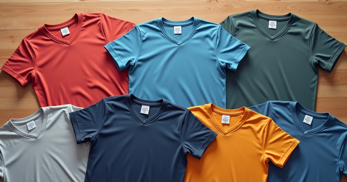 Camisetas masculinas em diferentes tons e cortes sobre uma superfície de madeira