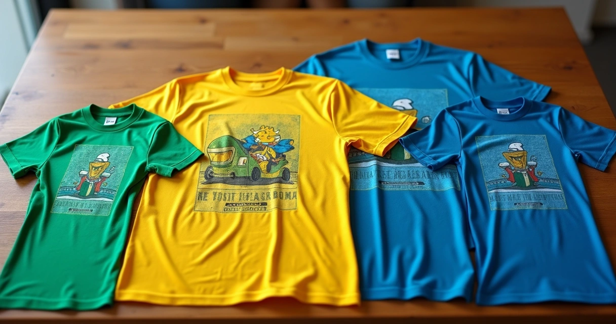 Camisetas personalizadas em diferentes tamanhos lado a lado sobre mesa