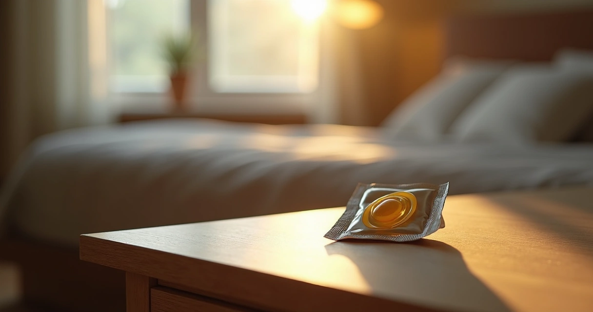 Preservativo sobre mesa de cabeceira com luz suave 