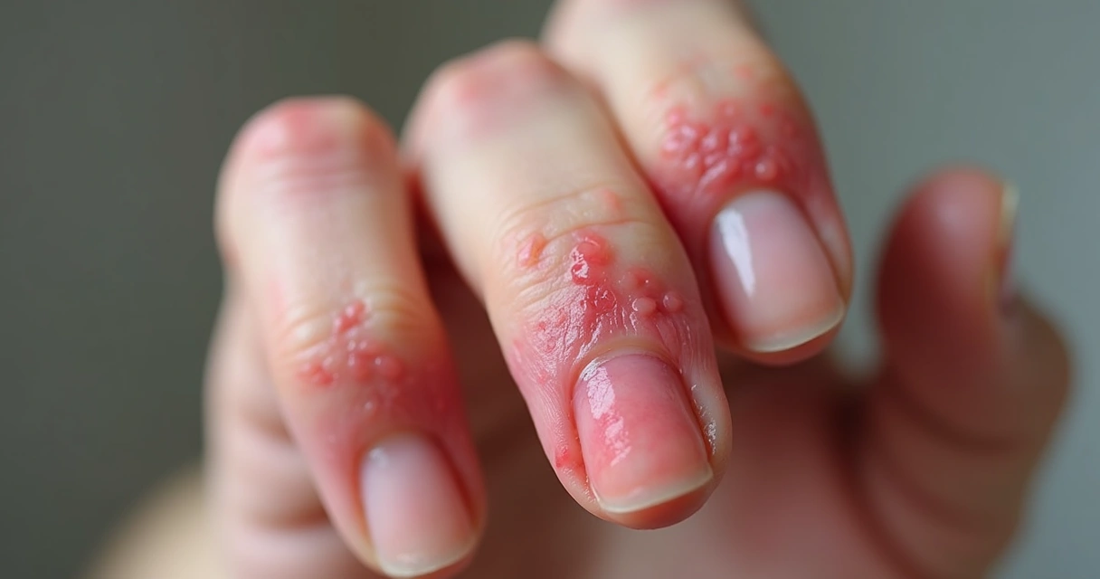 Manchas vermelhas na pele da mão, indicando dermatite alérgica por contato com borracha 