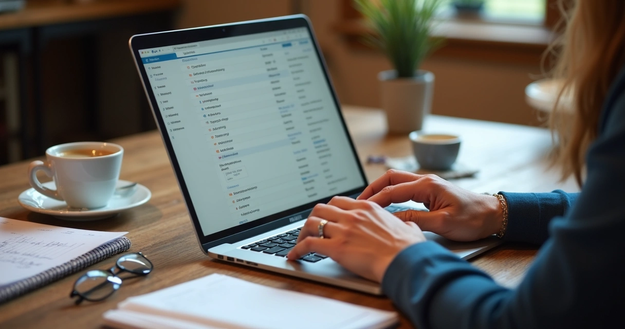 Manos de persona local revisando lista de emails en laptop en ambiente de trabajo
