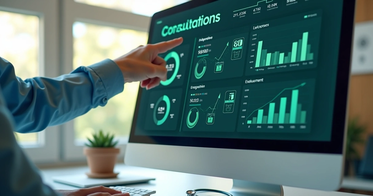 Tela de computador com dashboard de resultados de campanha médica digital 