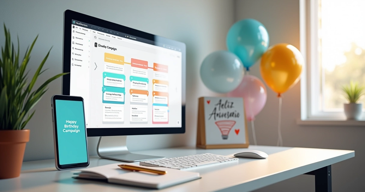 Dashboard de campanha automática de aniversário com balões coloridos ao fundo 