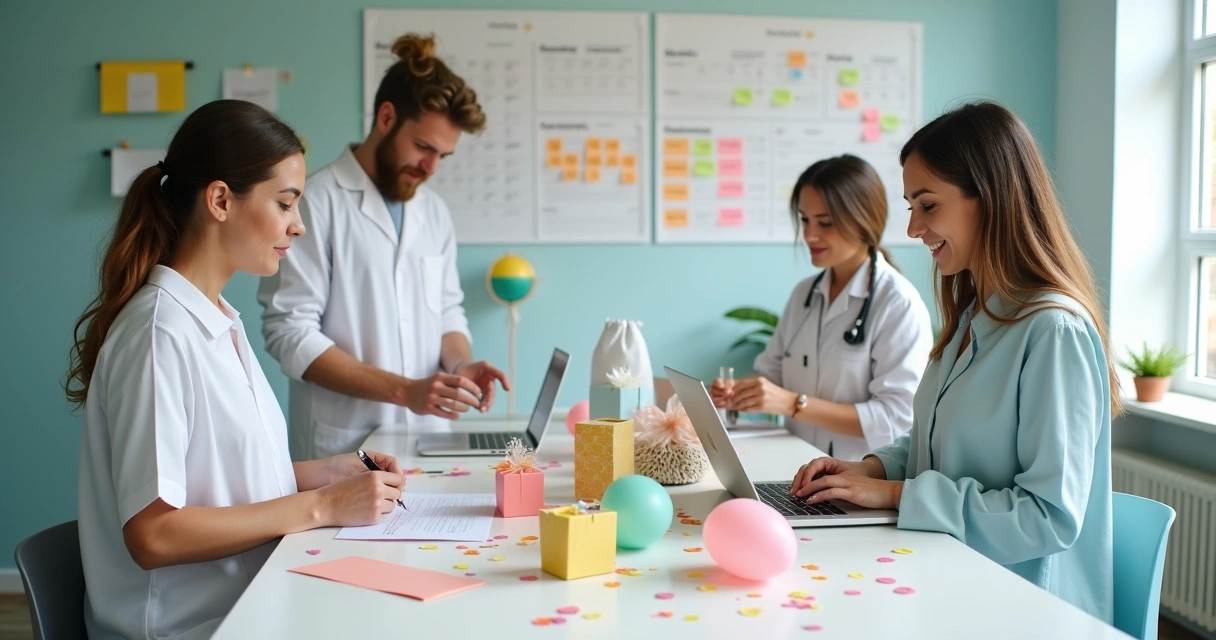 Equipe de clínica odontológica preparando kits de aniversário para pacientes 