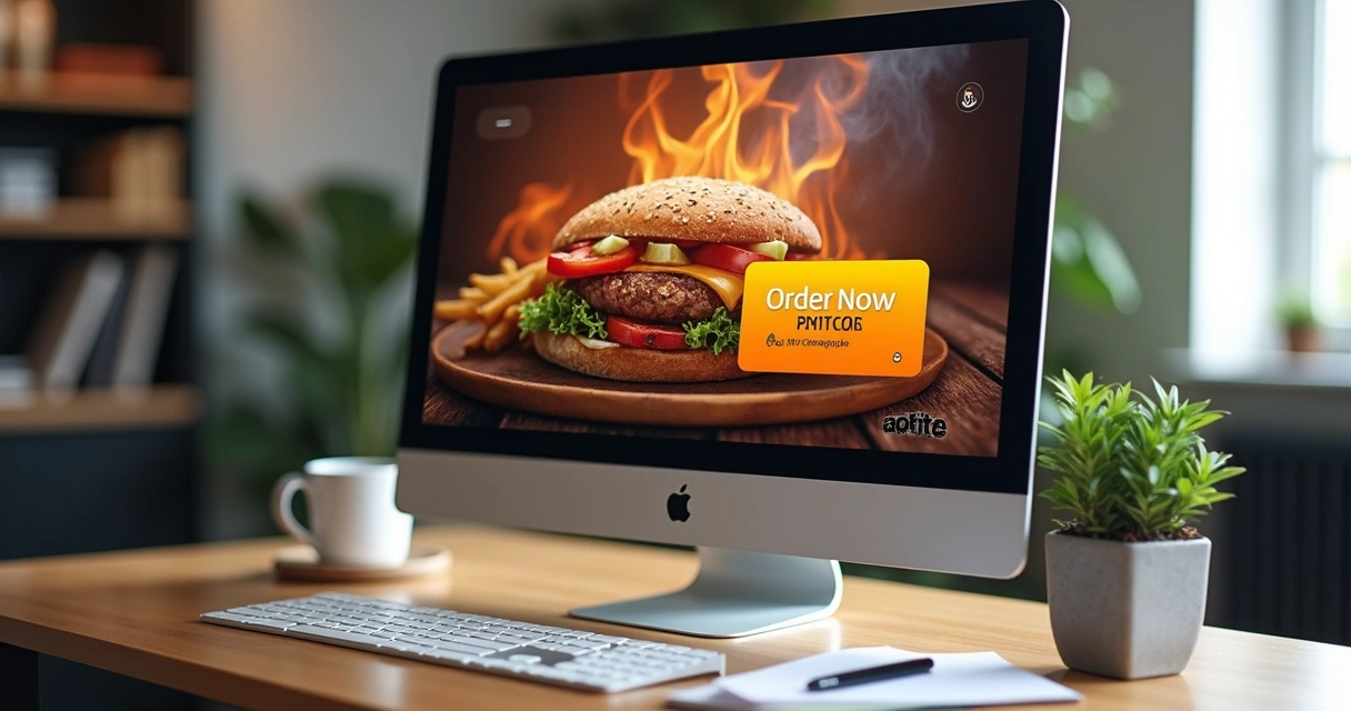 Banner digital com prato de comida e botão de pedir agora 