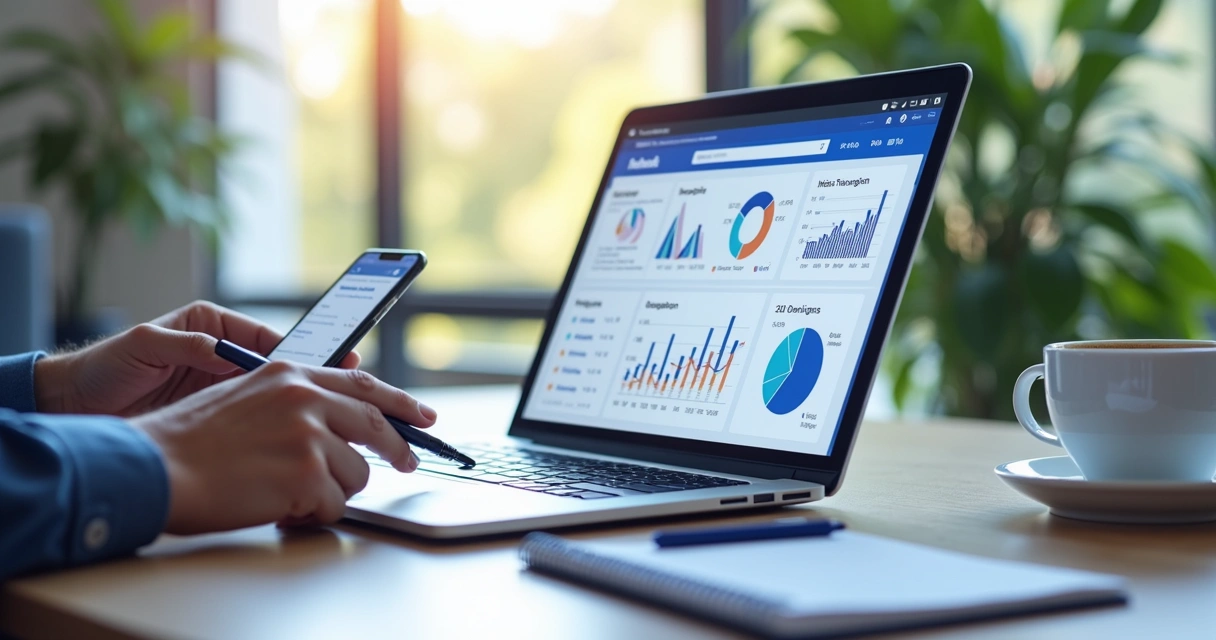 Pessoa analisando gráficos e orçamento de campanha no computador com logo do Facebook Ads na tela 