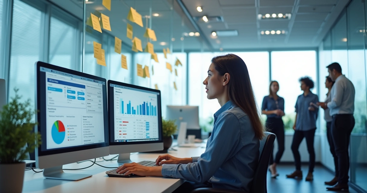 Profissional de marketing analisando painel de campanha paga segmentada para vendas B2B. 