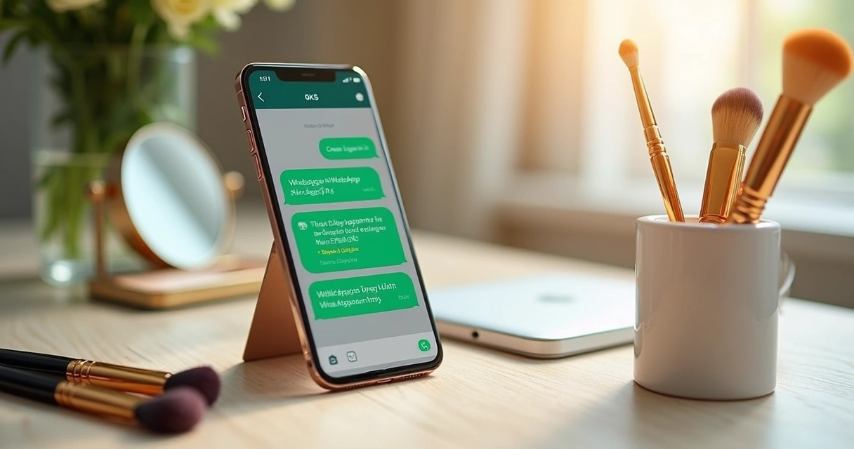 Smartphone mostrando conversa ativa no WhatsApp com mensagens sobre agendamento de estética, em uma mesa elegante de madeira clara com acessórios de beleza ao redor 