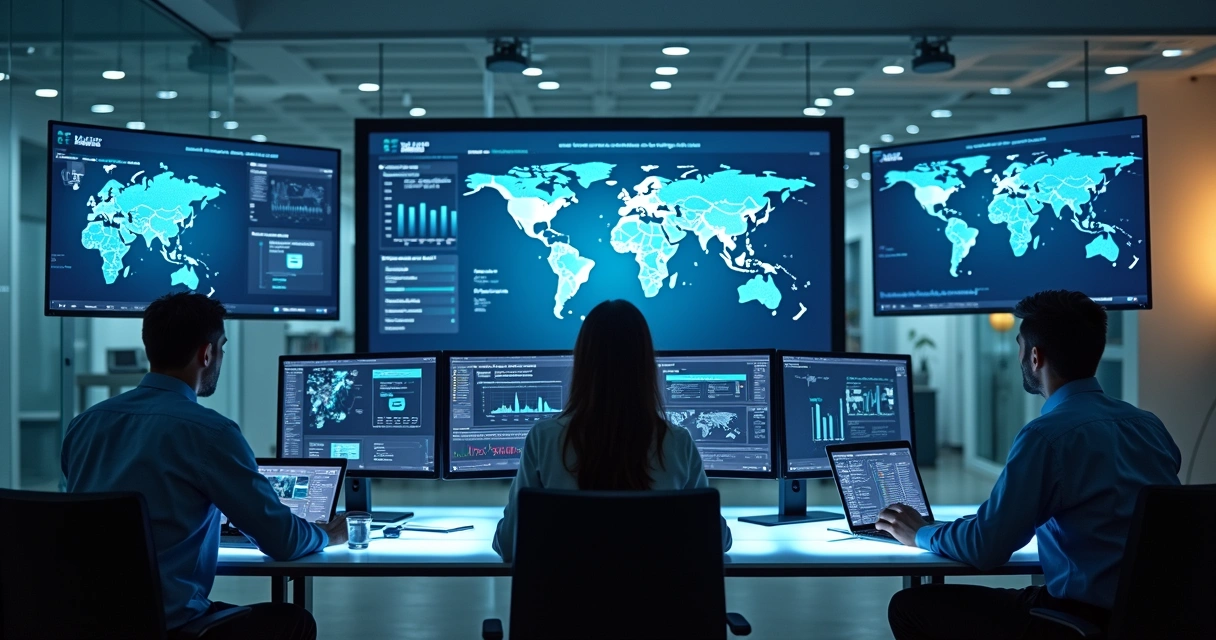 Equipe analisando campanhas digitais em telas múltiplas em sala corporativa moderna. 