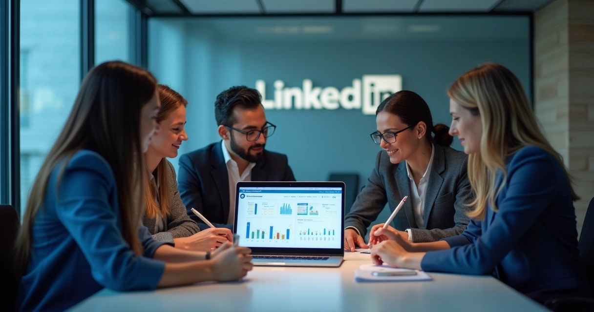 Equipe de marketing analisa campanha B2B no LinkedIn 