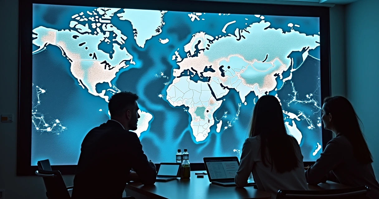 Equipe de vendas analisando mapa digital para campanha B2B 