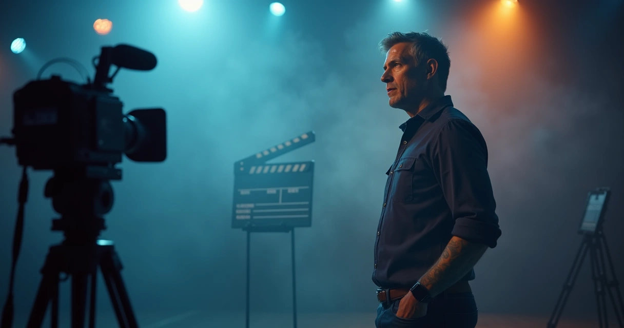 Candidato em gravação de vídeo político com cenário cinematográfico, fumaça e iluminação dramática 