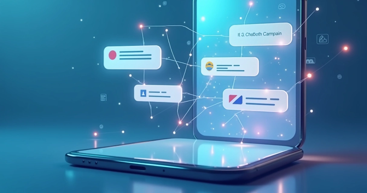 Campanha digital mostrada em tela de smartphone com ilustrações de chatbot enviando mensagens para diversas empresas 