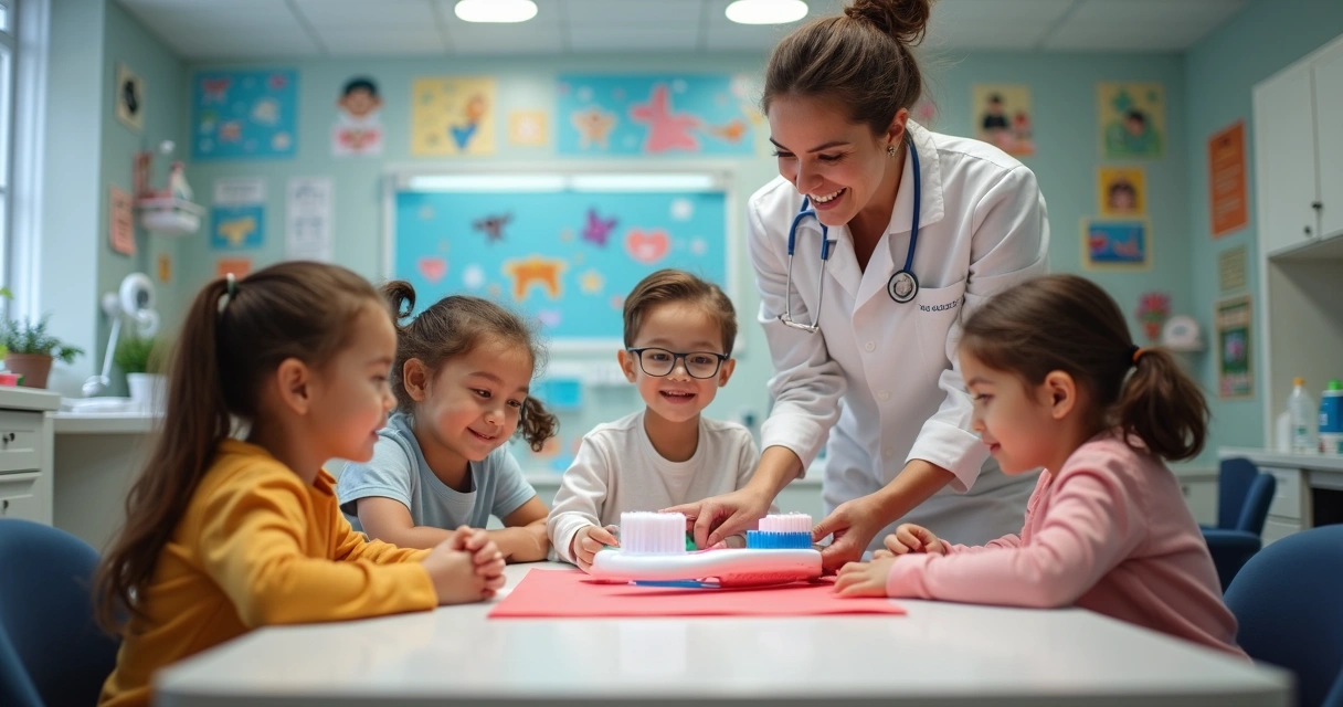 Evento educativo em consultório odontológico com crianças aprendendo sobre higiene bucal