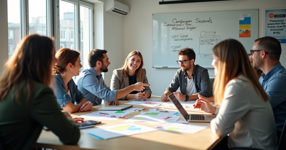 Equipe diversificada reunida discutindo campanha de conscientização 