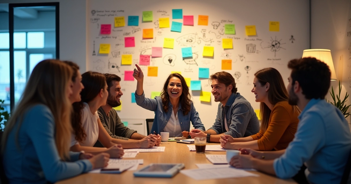 Equipe de marketing celebra brainstorm criativo com notas coloridas em uma parede.