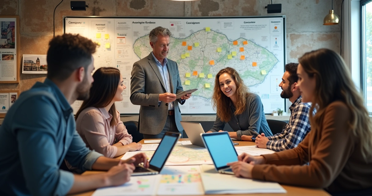 Equipe reunida planejando campanha de crossmedia com quadros de estratégias online e offline 