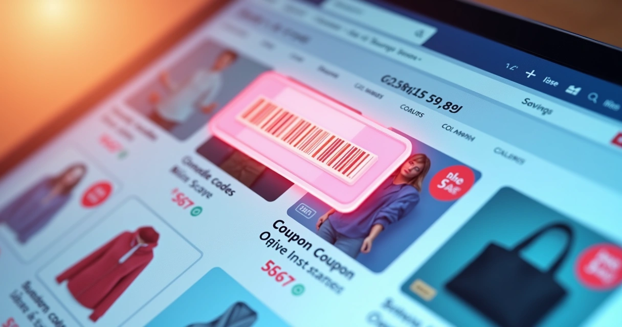 Cupom de desconto ilustrado ao lado de produtos em catálogo digital 