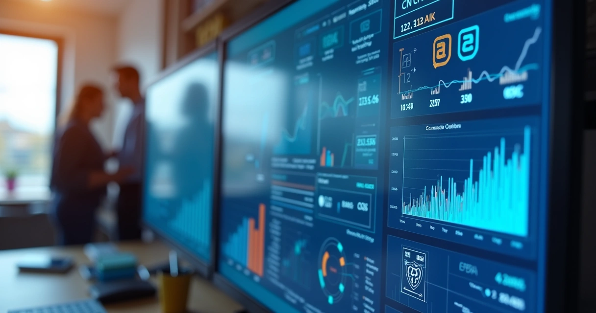 Campanha de marketing digital exibida em telas com gráficos e redes sociais 