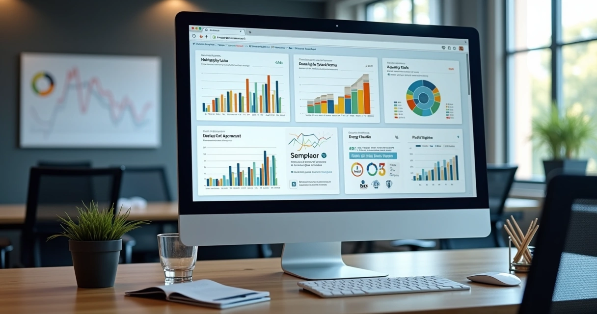 Painel com gráficos de desempenho de campanhas de mídia paga em tela de computador, com representações de anúncios e público segmentado 