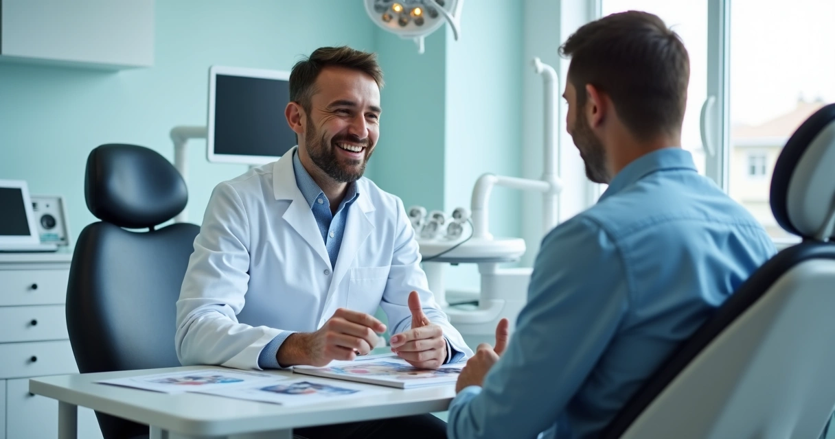 Dentist talking to patient about dental implant options