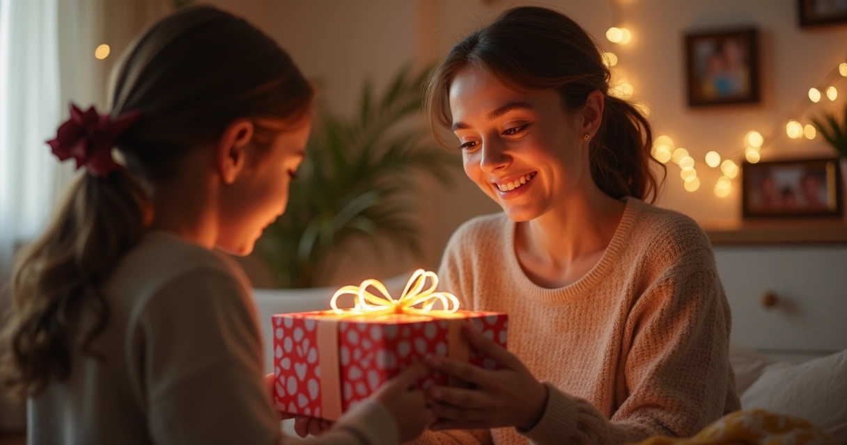 Cena de mãe recebendo presente com emoção em ambiente familiar decorado. 