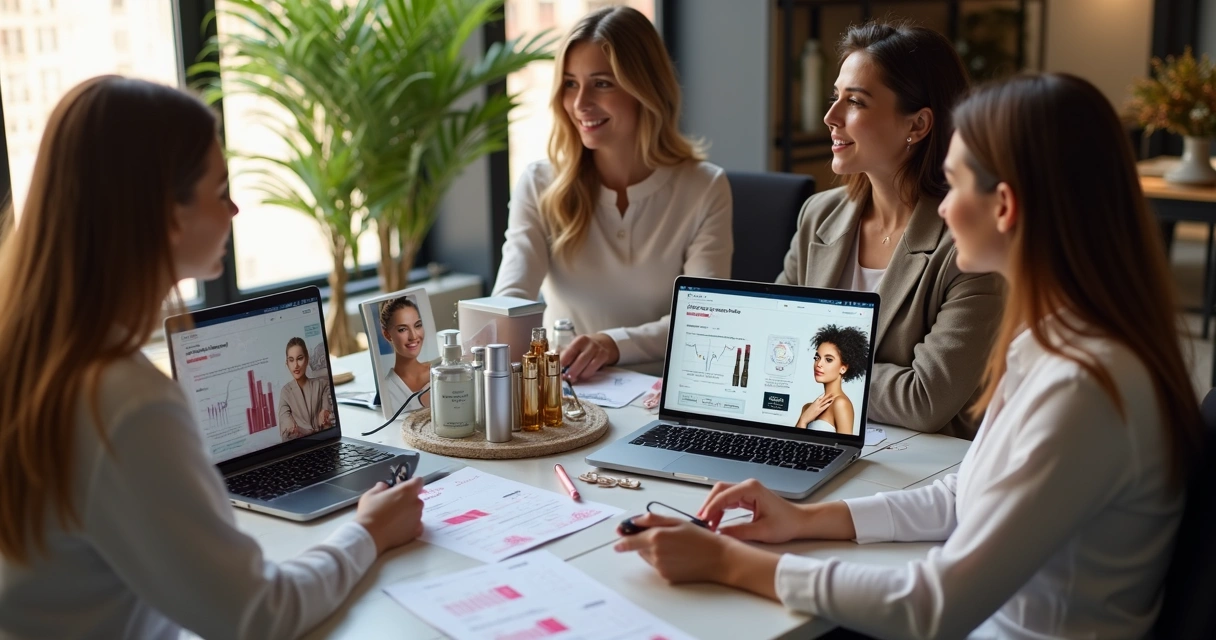 Equipe de marketing analisando campanha digital de beleza