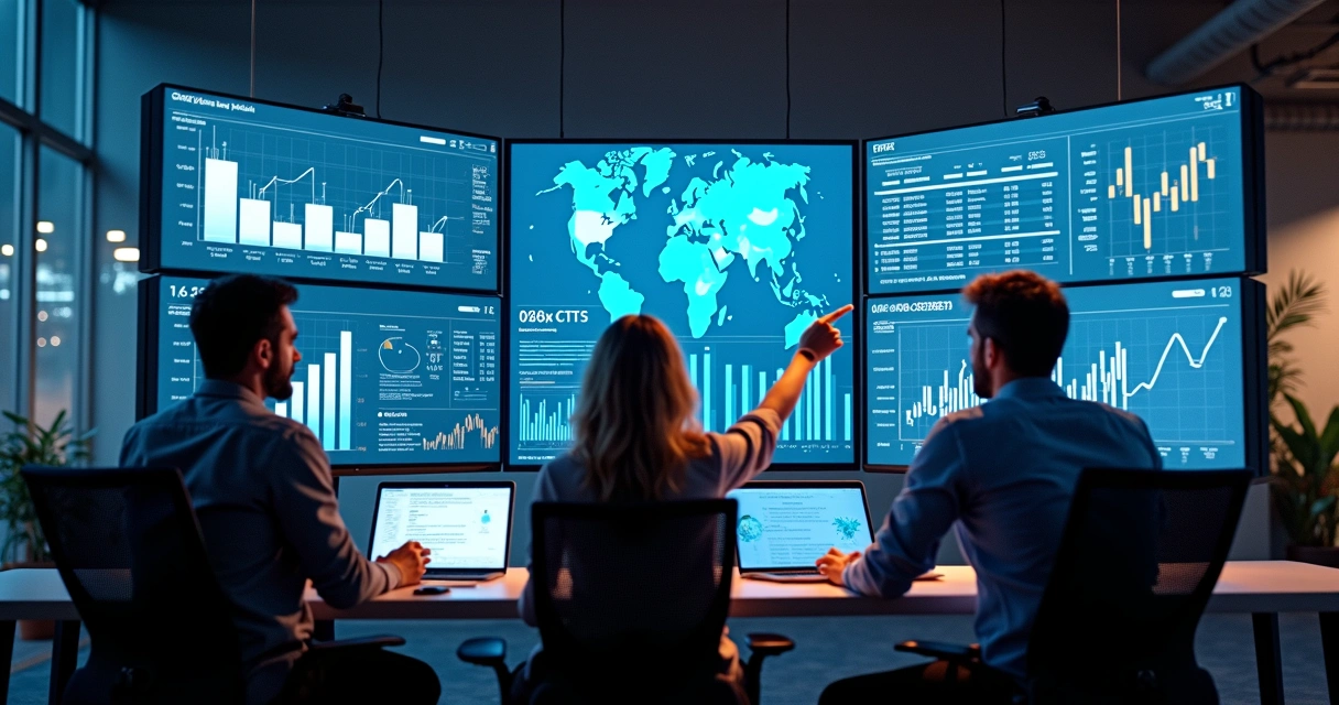 Equipe analisando gráficos de anúncios digitais em tela grande 